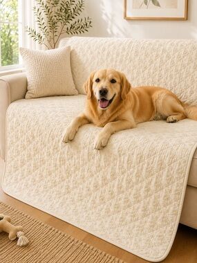 Large Quilted Pet Furniture Protector Blanket Cream Paw Print 48x75 Non-Slip